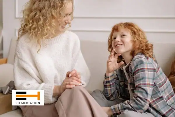 Happy mother and child after sorting child arrangements mediation Leigh